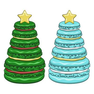 Set of color illustrations with Christmas tree made of dessert macaroons Stock Illustration
