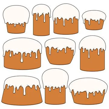 Set of color illustrations with Easter cakes. Isolated vector objects. Stock Illustration