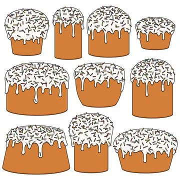 Set of color illustrations with Easter cakes. Isolated vector objects. Stock Illustration