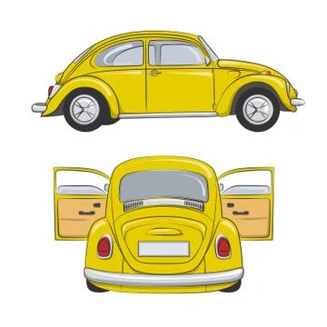 Set of color illustrations with the image of a yellow retro car. Stock Illustration