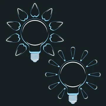 Set of color illustrations with light bulbs, rays and leaves, solar Stock Illustration
