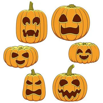 Set of color illustrations of pumpkins with faces for Halloween. Stock Illustration