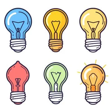 Set color light bulbs isolated white, six light bulb icons different colors Stock Illustration