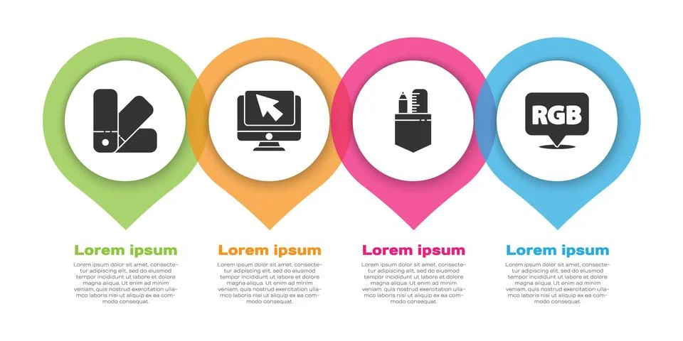 Set Color palette guide, Computer monitor and cursor, Crossed ruler and pencil Stock Illustration