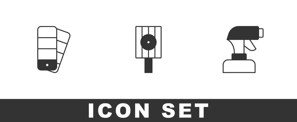 Set Color palette guide, Spray can nozzle cap and Paint spray gun icon. Vecto Stock-Illustration