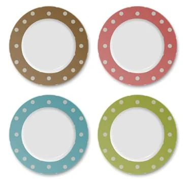 Set of color plates with polka dot pattern isolated on white Stock Illustration