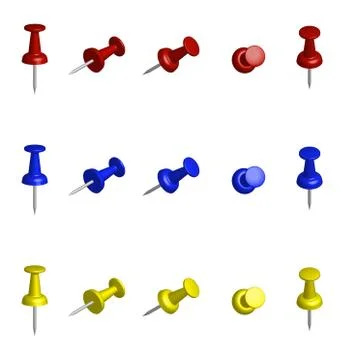 Set of color push pins from different views. Elements for your design. Vector Stock Illustration