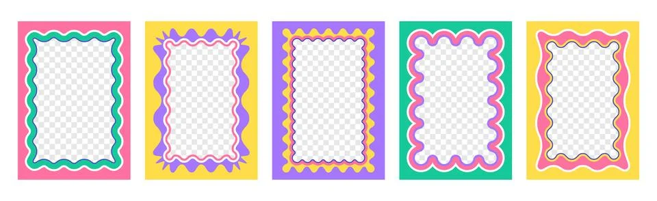 Set of color rectangular squiggle photo frames, groovy wiggly borders with wavy Stock Illustration
