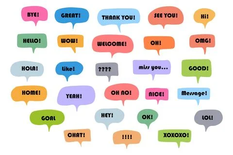 Set of color speech bubbles Short Phrases. Cartoon Vector illustration. Isolated Stock Illustration