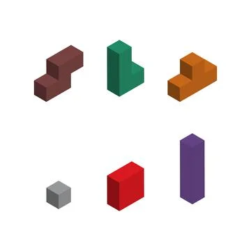 Set of color tetris isometric block, color puzzle icon , logic fun game vecto Stock Illustration