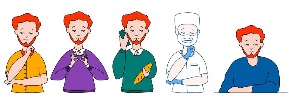Set of color vector flat people. A man with a beard in various poses with his Stock Illustration