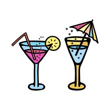 Set of color vector illustrations of cocktail glasses with bubbles, lemon Stock Illustration