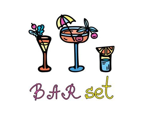 Set of color vector illustrations of glasses of cocktails with umbrella, berries Stock Illustration