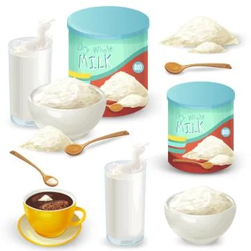 Set of color vector illustrations of whole milk powder. Stock-Illustration