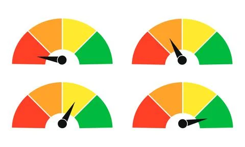 Set of color vector tachometers, flowmeter with indicator in green, orange and Stock Illustration