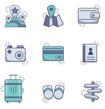Set of color vector travel, navigation, vacation icons. Characters Stock Illustration