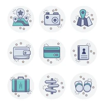 Set of color vector travel, navigation, vacation icons on the background with Stock Illustration