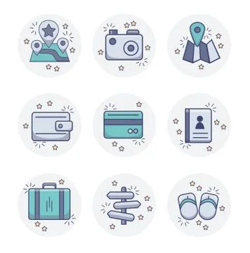 Set of color vector travel, navigation, vacation icons on the background with Illustrazione stock
