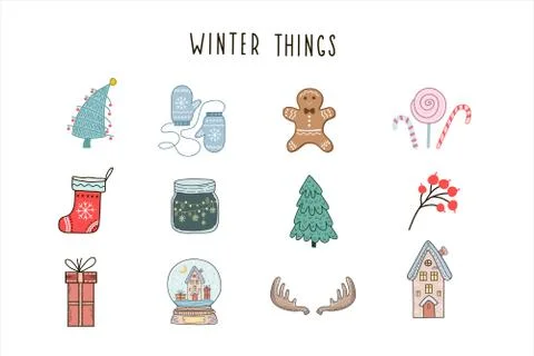 Set of color winter vector illustrations. Christmas illustrations Stock Illustration