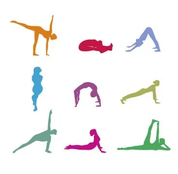 Set of color yoga silhouette. Stock Illustration