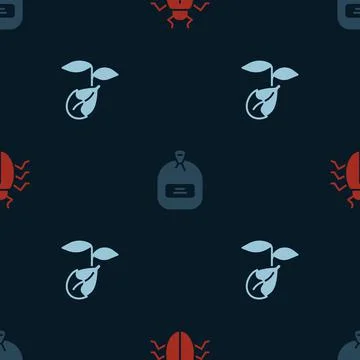 Set Colorado beetle, Pack full of seeds and Sprout on seamless pattern. Vector Illustrazione stock