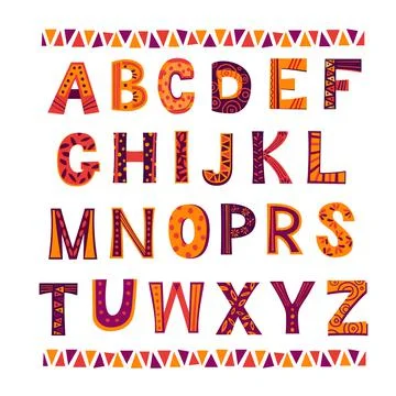 Set: colored alphabet letters with patterns, artistic lettering Stock Illustration