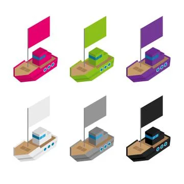 Set of colored and gray isometric 3d toy ships with flags イラスト素材