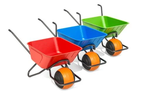 Set of colored ballbarrows, wheelbarrows. 3D rendering Ilustración de archivo