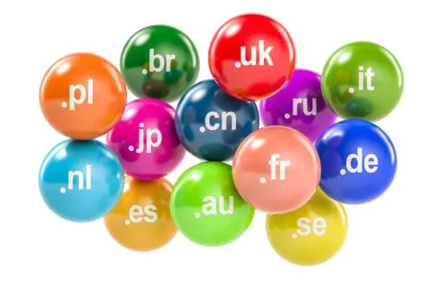 Set of colored balls with country code top-level domain names, 3D rendering Stock Illustration