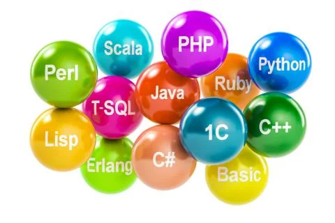 Set of colored balls with programming languages names, 3D rendering Stock Illustration
