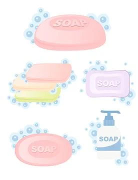 Set of colored bar soap solid and liquid soap with bubbles flat vector 스톡 일러스트
