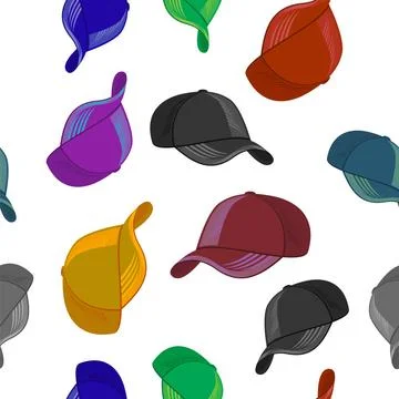 Set of Colored Baseball Caps Isolated on White Background. Sports Seamless... Stock Photos