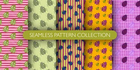 Set of colored bugs silhouettes seamless botanic pattern. Doodle insects prin Illustrazione stock