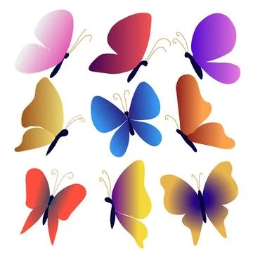 Set of colored butterflies with gradient on wings Stock Illustration