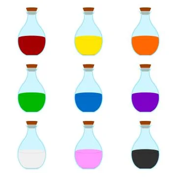Set of Colored Cartoon Magic Elixir Flask isolated on white background. Vector. Stock Illustration