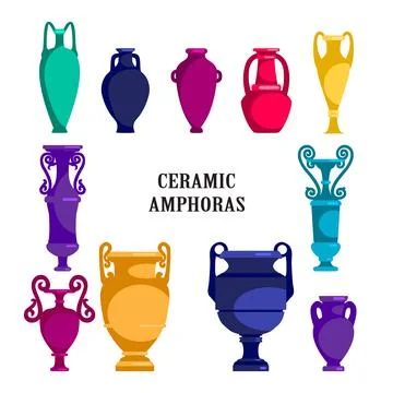 Set of colored ceramic vases. Tall ancient Greek, Roman jar with two handles  Stock Illustration