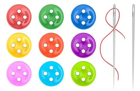 Set of colored clothing buttons with sewing needle and thread, 3D rendering Stock Illustration