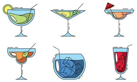 Set of colored cocktail icons. Vector Stock Illustration