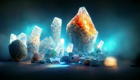Set of colored crystals. Beautiful light heaven crystal. World of crystals. Illustrazione stock