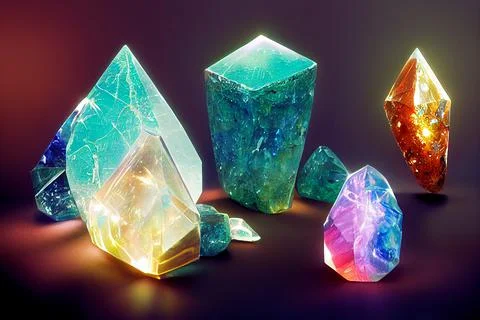 Set of colored crystals. Beautiful light heaven crystal. World of crystals. Stock Illustration