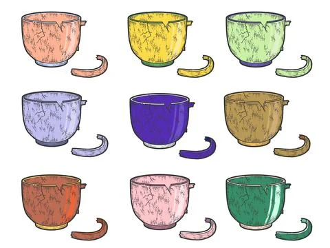 Set of colored cups. Crockery, broken cup. Sketch scratch board imitation. Stock Illustration