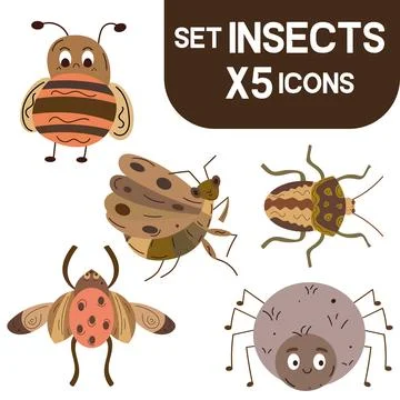 Set of colored cute insect sketch characters Vector Stock Illustration
