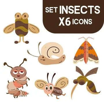 Set of colored cute insect sketch characters Vector Stock Illustration