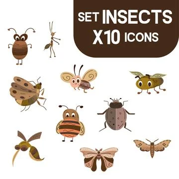 Set of colored cute insect sketch characters Vector Stock Illustration