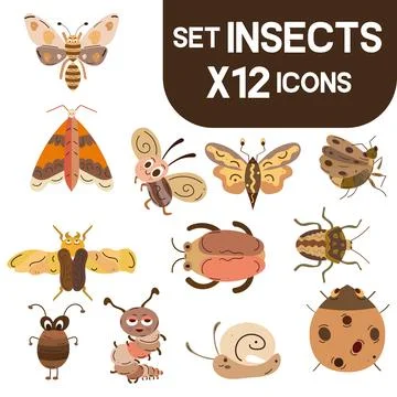 Set of colored cute insect sketch characters Vector Stock Illustration