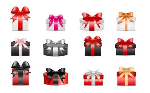 Set of colored different gift cardboard boxes with bows and ribbons. For Stock Illustration