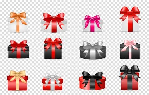 Set of colored different gift cardboard boxes with bows and ribbons. For Stock Illustration