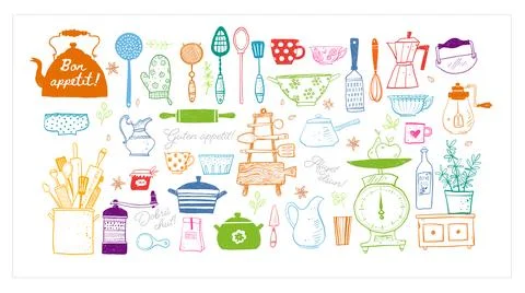 Set of colored doodle sketch elements on white background. Stock Illustration