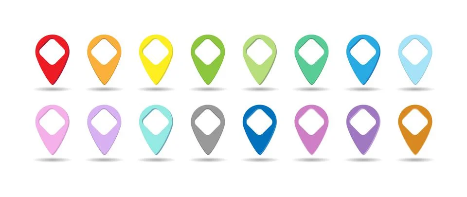 Set of colored dots or pointers for a map with a square space in the center Stock Illustration