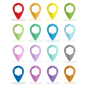 Set of colored dots or pointers for a map with a hexagonal space in the cente Stock Illustration